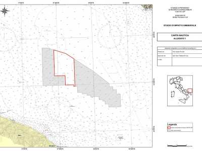 La mappa della zona di prospezione petrolifera nell'Adriatico secondo la proposta della societ� Global Petroleum: l'area incorniciata di rosso � la zona interessata dalle trivellazioni che intercetterebbe gli ordigni. Le bombe sono segnate con dei cerchi
